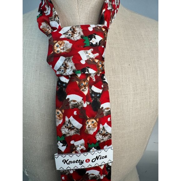 Knotty and Nice Santa Cats Holiday Christmas Tie OS Red Santa Polyester - Picture 8 of 16